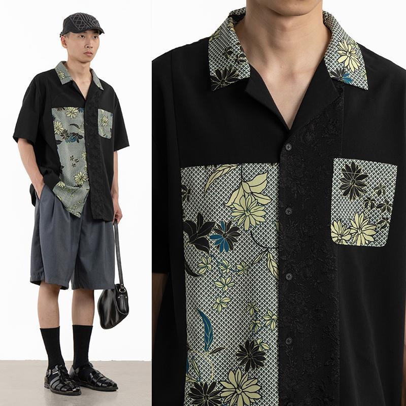 จัดส่งทันที เสื้อเชิ้ตเกาหลี เสื้อเชิ้ตแขนสั้น ทรงหลวม ขนาดใหญ่สไตล์ญี่ปุ่นวินเทจ แขนสั้นลายกราฟฟิกสดใส สําหรับผู้ชาย