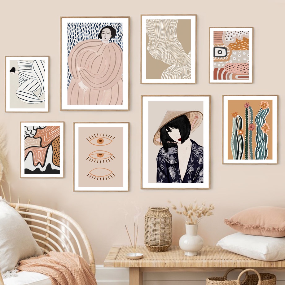 Nordic โปสเตอร์ญี่ปุ่นบทคัดย่อเส้นสาวเรขาคณิต Curve Cactus Wall Art พิมพ์ผ้าใบภาพวาดภาพผนังสําหรับห้องนั่งเล่น Decor