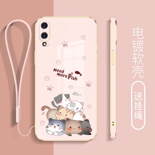 ใหม่ เคสโทรศัพท์มือถือ ชุบไฟฟ้า ขอบตรง กันลื่น กันเปื้อน ลายการ์ตูนแมว พร้อมสายคล้อง สําหรับ vivo v17 v19 v15 v15 pro v11 v11i v11 pro v7 plus