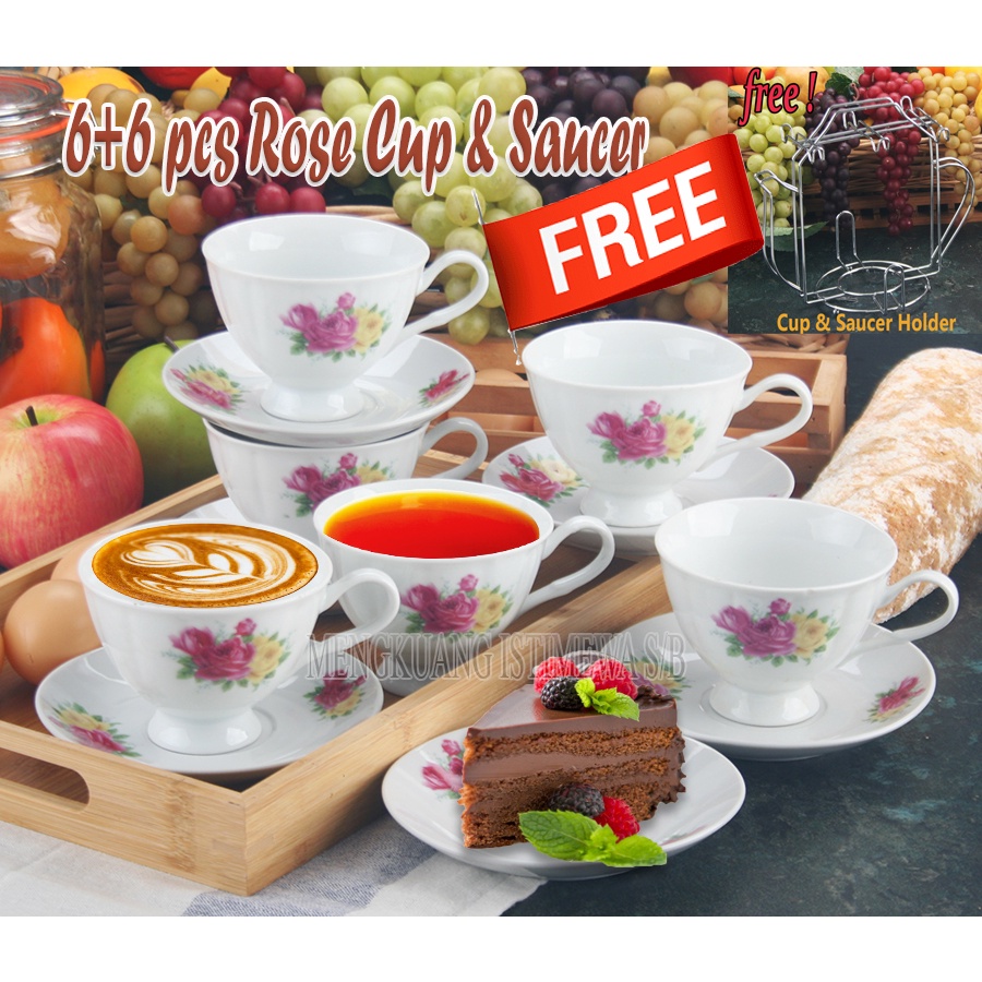 6+6 PC + 1 ฟรี RACK VINTAGE FLORA ROSES CUP & SAUCER SET SE58012