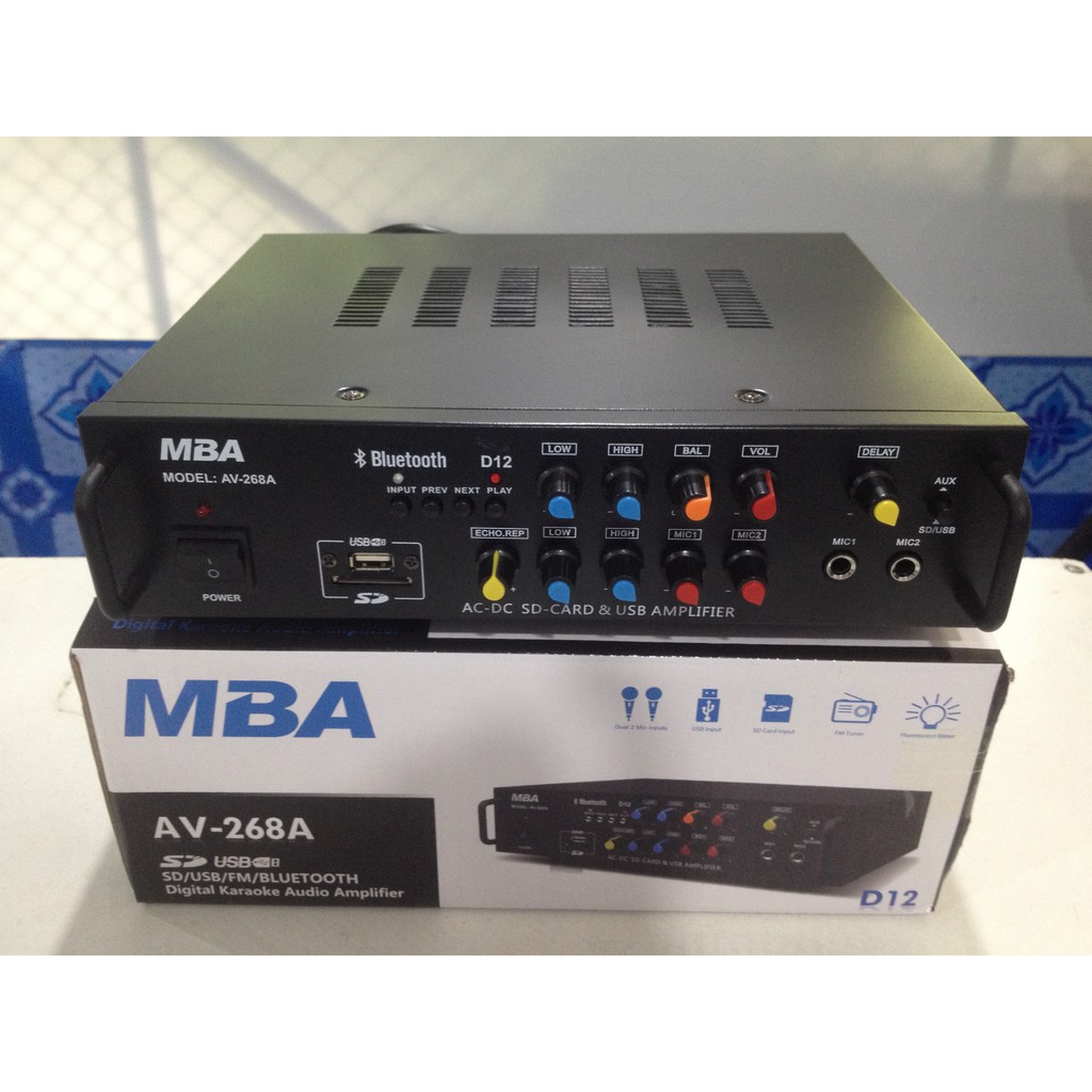 เครื่องขยายเสียง Power Integrated Amplifier MBA Model AV-268A D12 stereo Karaoke Amplifier USB SD card FM Radio 2 Mic in