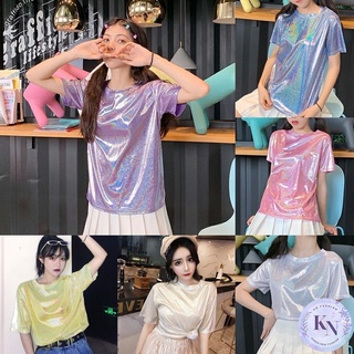 🎏Korea NEW เสื้อยืด คอกลมแขนสั้น แต่งประกายกลิตเตอร์เนื้อละเอียด มี 6 สี ใส่สบาย ทรงตรง