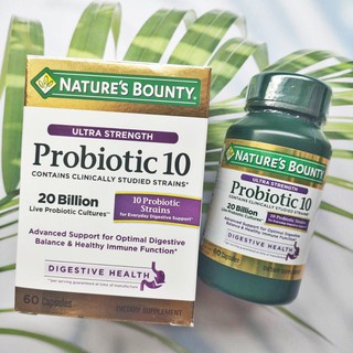 โปรไบโอติกส์ 10 สายพันธุ์ 10,000 ล้านตัว Plus inulin 60แคปซูล Ultra Strength- Probiotic 10 (Natures Bounty)