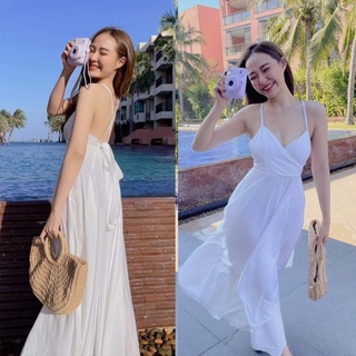 ชุดเดรสยาว เดรสยาวสายเดี่ยวผูกโบว์หลัง ชุดเที่ยวทะเลพร้อมส่ง