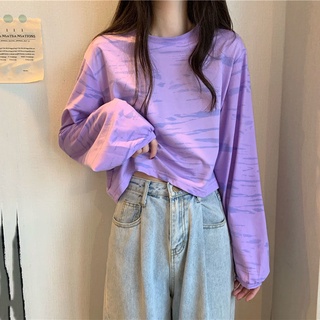 ☼﹉สีม่วง tie-dye ลายเสื้อยืดผู้หญิงฤดูใบไม้ร่วง 2021 ใหม่อ่อนโยนหลวมแขนสั้นเสื้อฤดูร้อน bottoming เสื้อ
