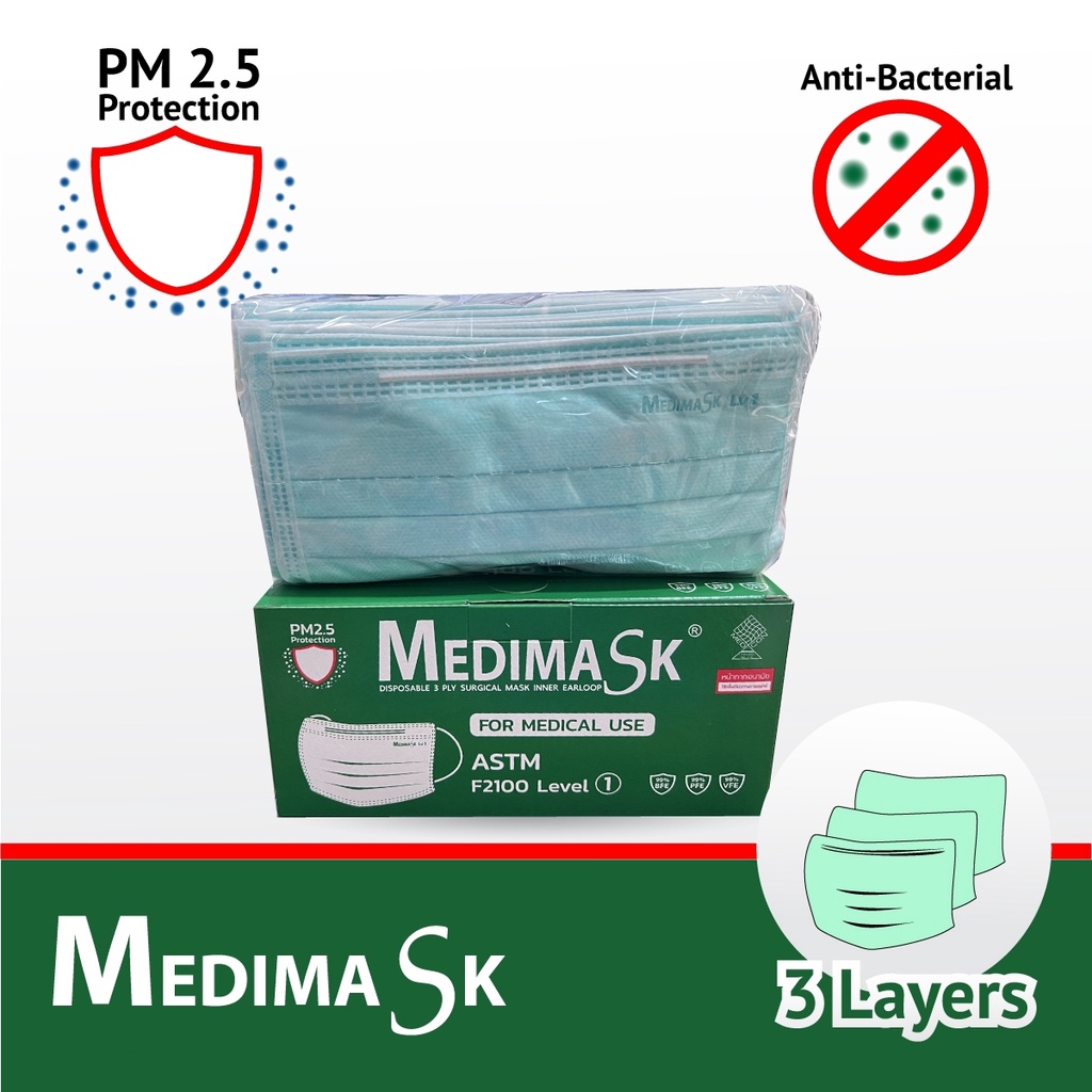 Medimask ASTM Level1 เกรดการแพทย์ Medical use  ยกลัง หน้ากากอนามัย 3ชั้น กันฝุ่น PM2.5(20กล่อง/ลัง) ผลิตไทย