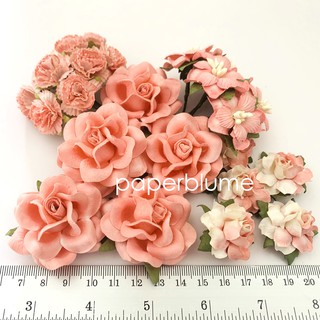 เซ็ท DIY 4 ดีไซน์ รวม 25ดอก กุหลาบ คาเนชั่น ดอกไม้กระดาษสา งานประดิษฐ์ งานแต่ง Mulberry Paper Flowers (สีแดงปะการัง A)