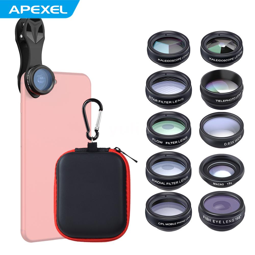 APEXEL 10 in 1 Phone Camera Lens Kit with 0.63X Wide Angle + 15X Macro