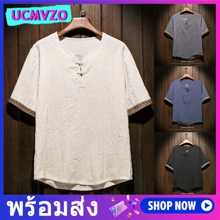 Ucmvzo เสื้อยืดแขนสั้น ผ้าฝ้าย และผ้าลินิน แฟชั่นฤดูร้อน สําหรับผู้ชาย