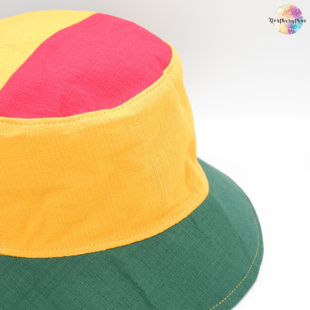 หมวกบักเก็ตราสต้า สีเขียวเหลืองแดง ผ้าต่อ วัสดุฝ้ายสไตล์วินเทจคุณภาพดี แฟชั่นเร็กเก้ อีสานเขียว สินค้าไทย Northernthaai