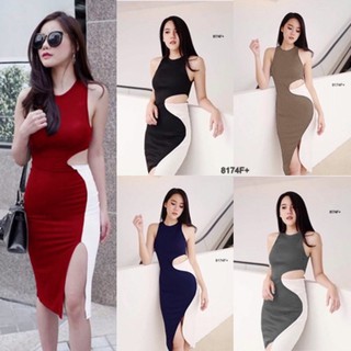 สอบถามก่อนสั่งนะคะ** TW8174  Dress ชุดเดรสแขนกุด ทรงเว้าเข้ารูป สีทูโทน