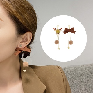 [ 1Pair Christmas Elk Tassel Pendant Earrings Hairball Star Studs Earrings Ear Jewelry for Girls ]