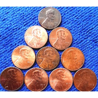 เหรียญ​สหรัฐอเมริกา​ USA, 1​Cent​ Lincoln, เรียง​ปี​ 2010-2019, รวม 10 เหรียญ ​50 บาท, #​650, ใช้แล้ว
