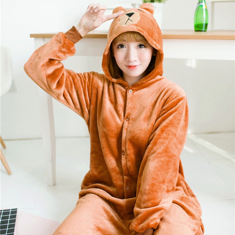 หมีบราวน์ Kigurumi Onesie ผู้ใหญ่ ชุดนอนสัตว์ ชุดนอนผ้าสักหลาด นุ่ม ฤดูหนาว Onepiece จั๊มสูท ชุดนอน Pijama