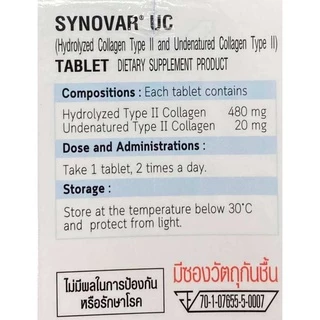 Synovar UC 60 เม็ด (1 กระปุก) Collagen type2 plus UC2 tablets ซินโนวาร์ ยูซี คอลลาเจนไทพ์ ทู