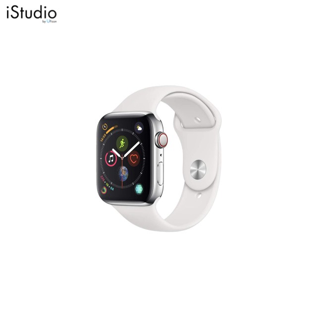 Apple Watch Series 4 GPS + Cellular,  Stainless Steel Case with White Sport Band ; iStudio by UFicon