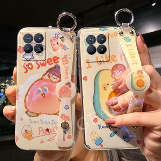 เคสโทรศัพท์ Realme 8 7 X7 Pro 5G 7i C25 C21 C17 C15 C12 C11 Narzo 30A 20 6i 5i 5 5S C3 Soft Phone Casing Glitter Rhinestone Cartoon Cute Bling Honey Peach Fruits Cover with Wristband Stand Holder Case