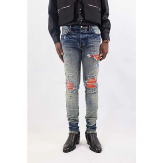 AMIRI patchwork applique ripped hole slim straight jeans orange