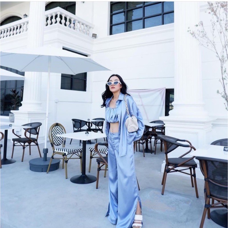 *ส่งต่อ* Zoostudiox เซ็ต2ชิ้น เสื้อเชิ๊ต+เกาะอก+ขายาว ผ้าซาติน