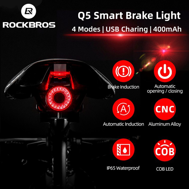 Rockbros Q5 ไฟฉายเบรกอัจฉริยะ LED IPx6 อัตโนมัติ กันน้ํา ชาร์จ USB อุปกรณ์เสริม สําหรับรถจักรยาน