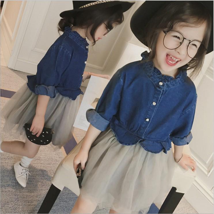 2-9yrs ชุดเจ้าหญิง เสื้อผ้าเด็กผู้หญิง เสื้อผ้าเด็ก Denim Long Sleeve Kids Tulle Dress