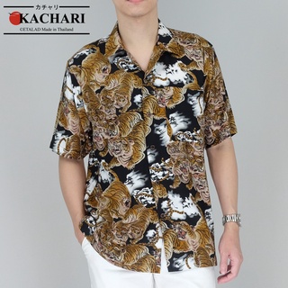 KACHARI  "Hundred Tigers" (สีดำ) พร้อมส่งฟรี เสื้อฮาวาย เสื้อสงกรานต์ ผ้าเรยอน