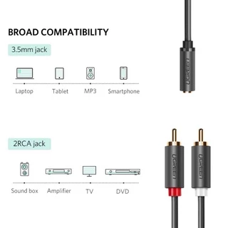 UGREEN รุ่น 10561 สายเคเบิ้ล 2RCA Male to Aux 3.5mm Female ความยาว 25cm สำหรับเครื่องเสียง โฮมเธียเตอร์ เฮดโฟน