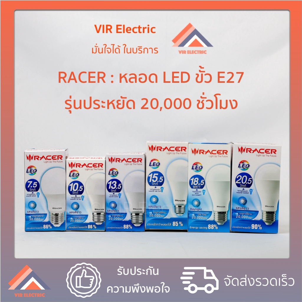 พร้อมส่ง RACER หลอด LED 7.5w 10.5w 13.5w 15.5w 18.5w 20.5w ขั้ว E27 แสง Daylight Warmwhite หลอดกลม
