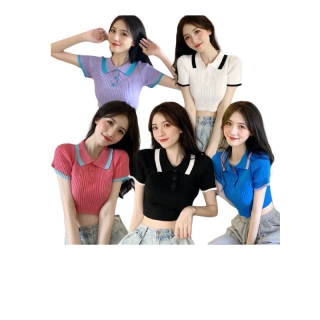 โปรโมชั่น : ⭐️สินค้าขายดี⭐️เสื้อครอปเเขนสั้นไหมพรม คอปกเอวลอย ตัดขอบสี M1