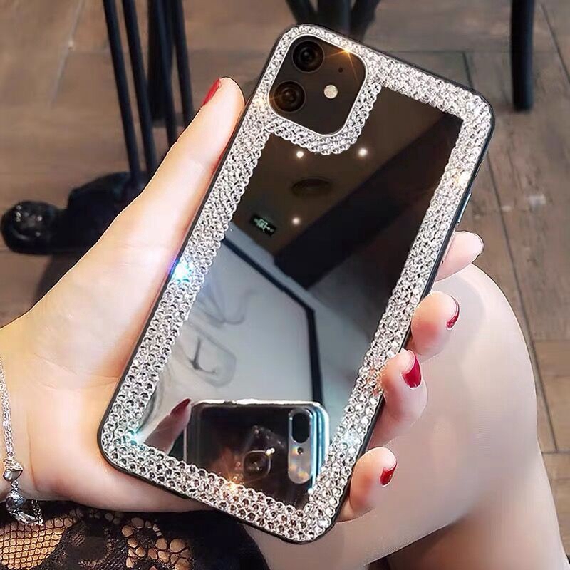 เคสโทรศัพท์ เคส เคสซิลิโคนนิ่ม พร้อมกระจก ประดับเพชรเทียม สําหรับ iphone 16 Pro Max 15 pro max 14 pro max 11 12 pro max 13 pro max 15 plus x xr xs max