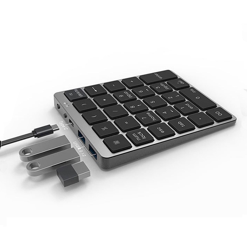 Jomaa 28 คีย์แป้นพิมพ์ตัวเลขบลูทูธพร้อมฮับ USB 2.0 ชาร์จโลหะ Numpad คีย์บอร์ดดิจิตอลแบบมีสาย