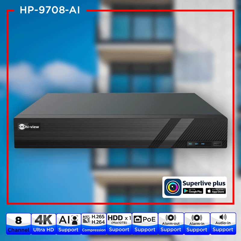 Hi-View HP-9708-AI เครื่องบันทึก NVR 8 Ch Support 4K / Audio H.265 / AI