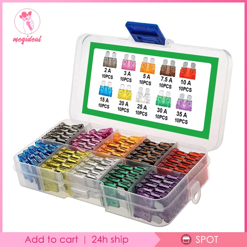 [Meg] ชุดฟิวส์รถยนต์ 2A 3A 5A 7.5A 10A 15A 20A 30A 100 ชิ้น
