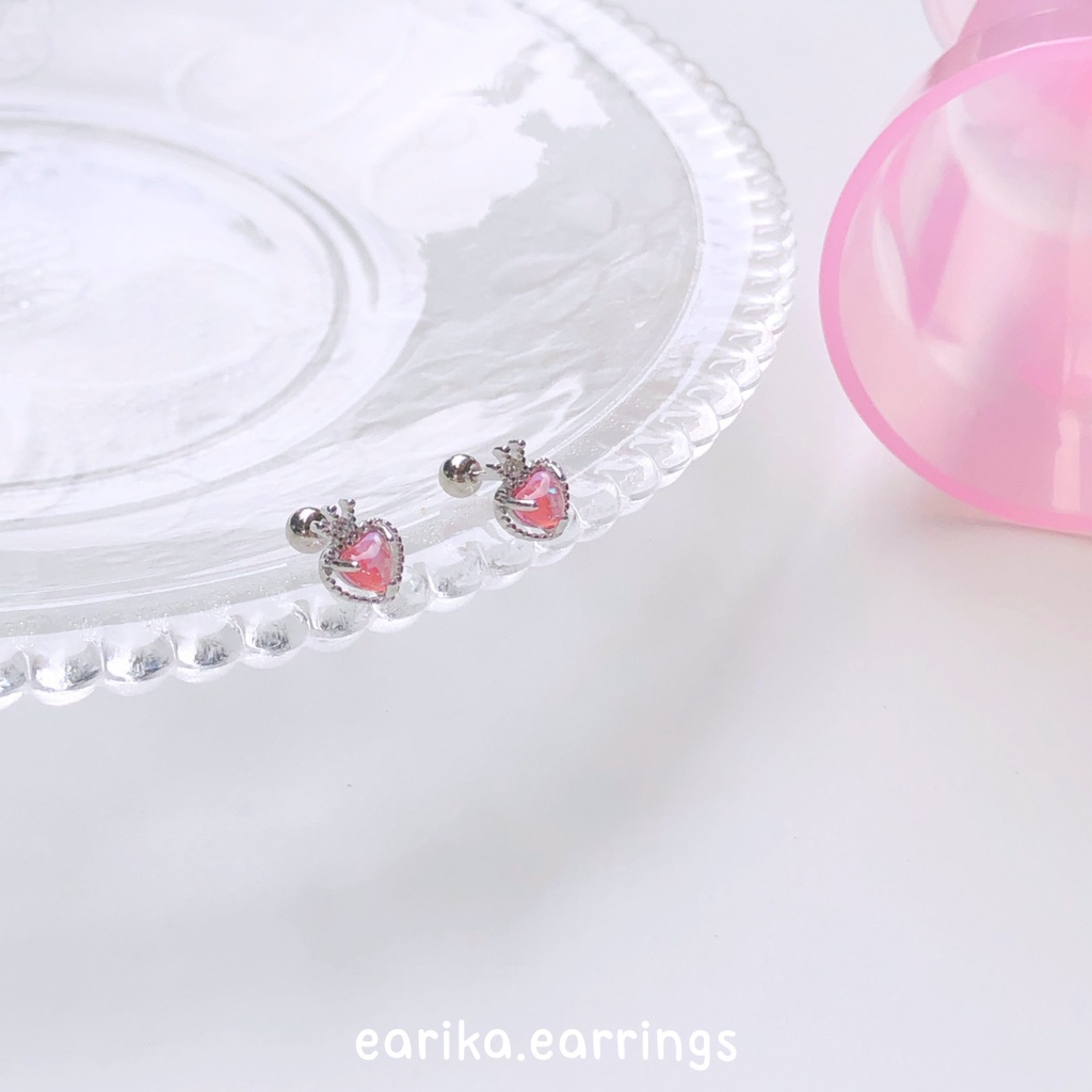 earika.earrings - punch crush crown piercing จิวหูเงินแท้หัวใจมงกุฎสีชมพู เหมาะสำหรับคนแพ้ง่าย