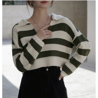 พร้อมส่ง เสื้อๆหมพรม ครอปคอวี ลายทาง น่ารักสุดๆ