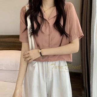 IT056 TARA Crop Top เสื้อเชิ้ต เสื้อครอป ปกฮาวาย แขนสั้น กระดุมหน้า เนื้อผ้าไหมอิตาลีอย่างดี ผ้าดี ใส่สบาย ไม่ร้อน