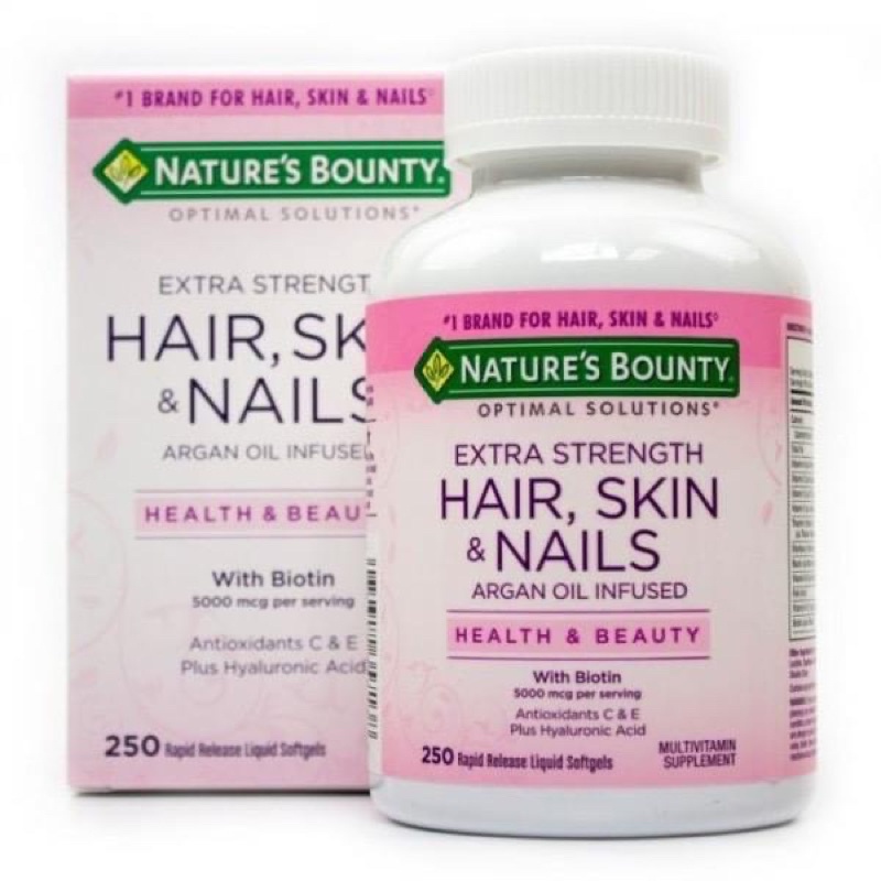 ❆Nature's Bounty Optimal Solutions Extra Strength Hair Skin &amp; Nails 250 Softgel (กล่องชมพู)♜