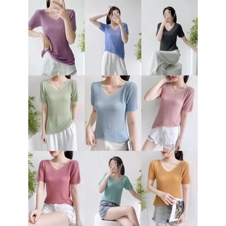 เสื้อไหมพรมแขนสั้นวิ้งเสื้อใหมพรมคอวีผ้าทอผสมกลิตเตอร์ตัว