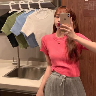 เสื้อยืดโอเวอร์ไซส์Cicishop(พร้อมส่ง)เสื้อแขนสั้น งามไหมพรมคอกลม สวย หรูหรา(2998)