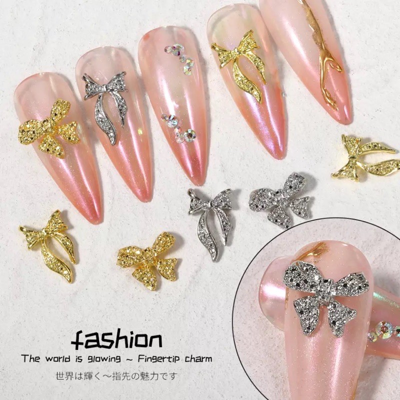 [10ชิ้น] ของแต่งเล็บ โบโลหะแต่งเล็บ สีเงิน/สีทอง สไตล์เกาหลีน่ารัก
