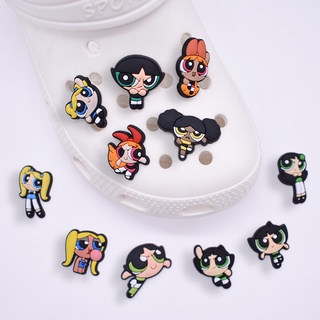 1 ชิ้น Powerpuff Girls Croc Jibitz Charm อุปกรณ์เสริมรองเท้าผู้หญิง Croccs Jibbit Bae Clog รองเท้าแตะตกแต่ง Pin