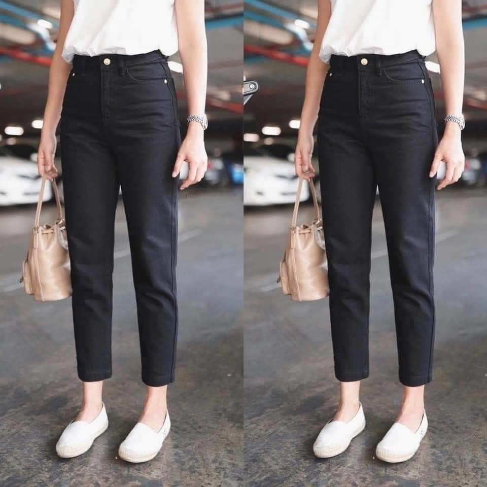 RittaJeans กางเกงยีนส์ เอวสูง ทรงบอยเฟรน ผ้าไม่ยืด เรียบ สตรีท ผู้หญิง สีดำ ยาว 36 นิ้ว