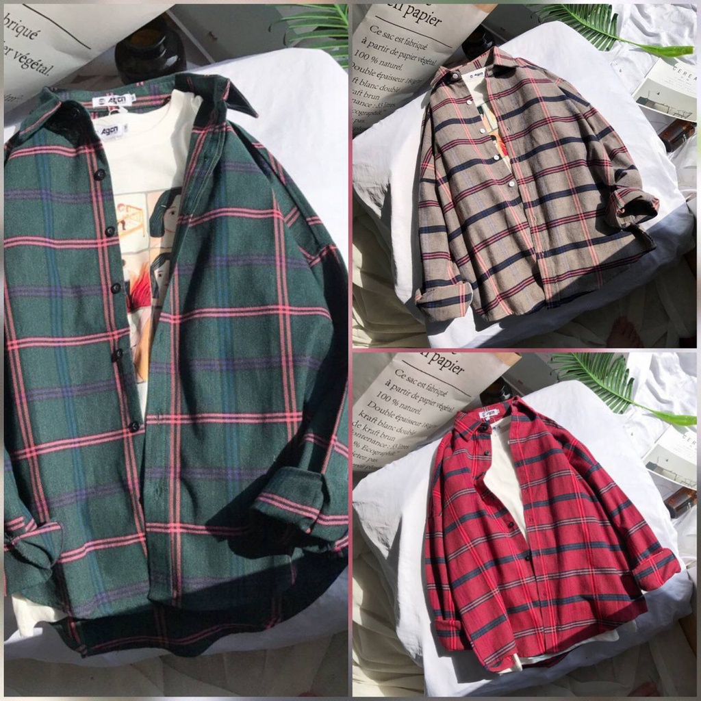SMT005 เสื้อเชิ้ตเเขนยาวชายและหญิง ลายสก๊อตเท่ๆ ใส่สบายไตล์เกาหลีsize M.L.XL.XXL Red / Green / Brown