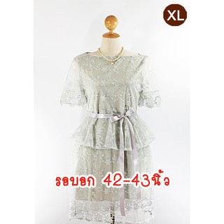 E2172-1-XL-ชุดเดรสคนอ้วน สีเทาอ่อน ผ้าลูกไม้ดอกเล็กน่ารัก คอปาดตื้น พร้อมสายผูกโบว์ที่เอว