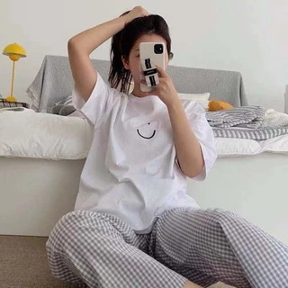 Cicishop SALE(C2096)ชุดเช็ตเสื้อยืด+กางเกงขายาวลายสก๊อต ใส่เล่นใส่นอนก็ได้ ผ้าใส่สบาย