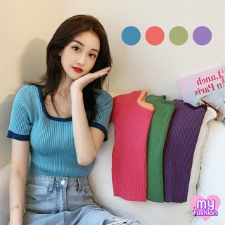 🎴MYF มาใหม่🎴เสื้อแฟชั่นไหมพรมคอเหลี่ยม สีเข้มสดใส 4 สี