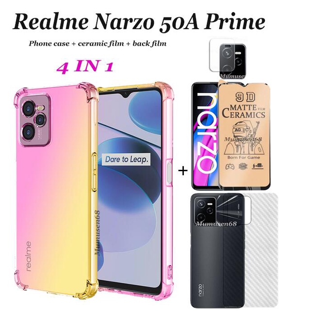 4 in 1 Realme Narzo 50 Realme Narzo 50A Prime เคสโทรศัพท์ กันกระแทก ไล่โทนสี + ฟิล์มเซรามิคนิ่ม + ฟิ