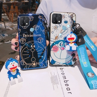 In Stock เคสโทรศัพท์ OPPOA15s 2021 Case with Hand Strap + Neck Strap Cute Doraemon Doll Bracket Cartoon TPU Phone Casing Back Cover OPPO A15s Blue Light Softcase