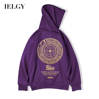 Ielgy เสื้อกันหนาว มีฮู้ด พิมพ์ลาย ทรงหลวม เข้ากับทุกการแต่งกาย สไตล์ฮ่องกง แฟชั่นสําหรับผู้ชาย