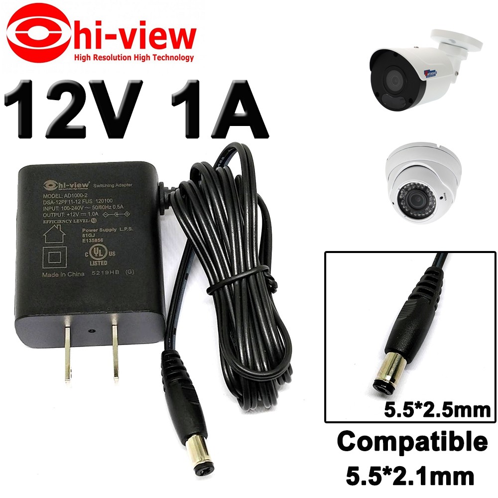 Hiview อะแดปเตอร์ 12V 1A 1000mA US Plug 5.5x2.5mm(compatible 5.5x2.1mm) AC to DC Power Adapter for C